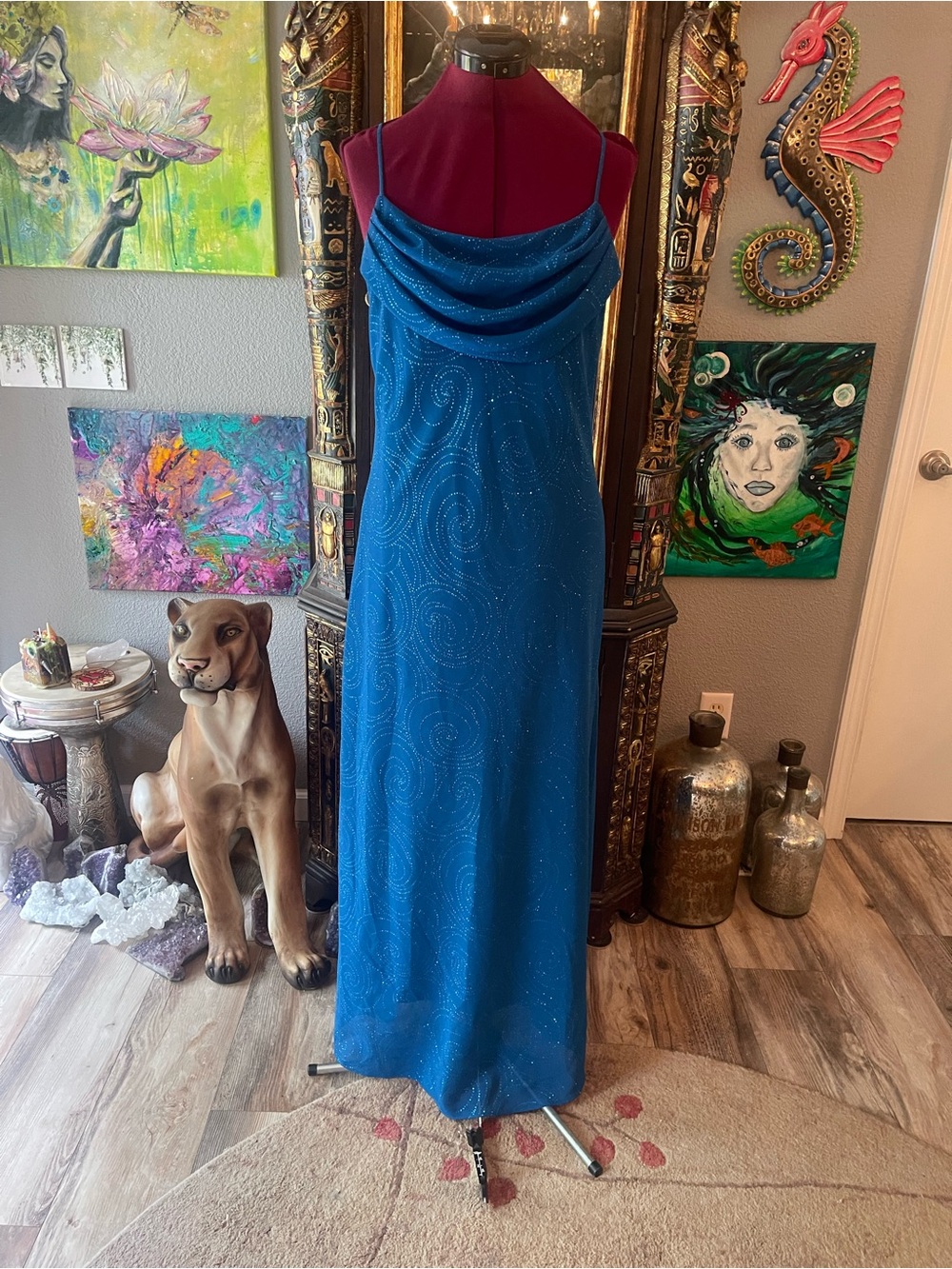 Karina Nites Sparkling Royal Blue Cowl Neck Maxi Dress
